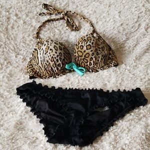 VS Leopard Print Bikini Top with Black Bottoms